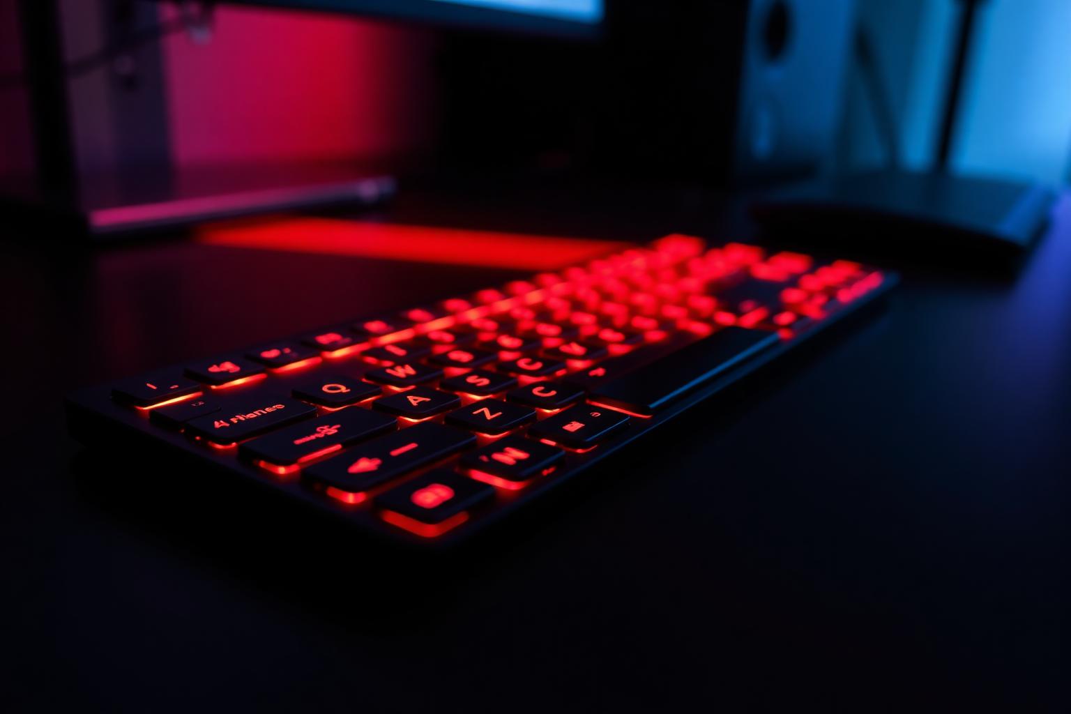 Red laser projected keyboard on dark surface